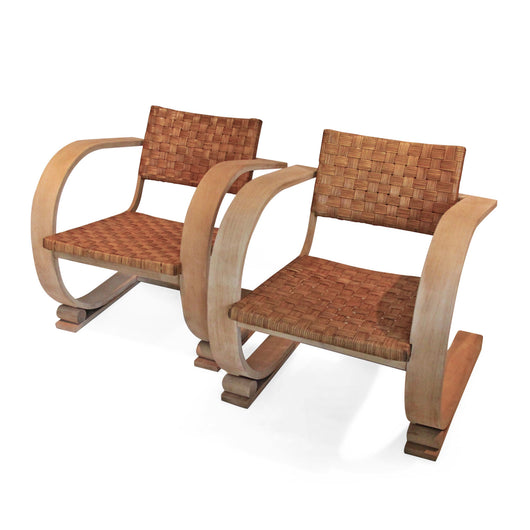 Pair of Woven and Wood Arm Chairs